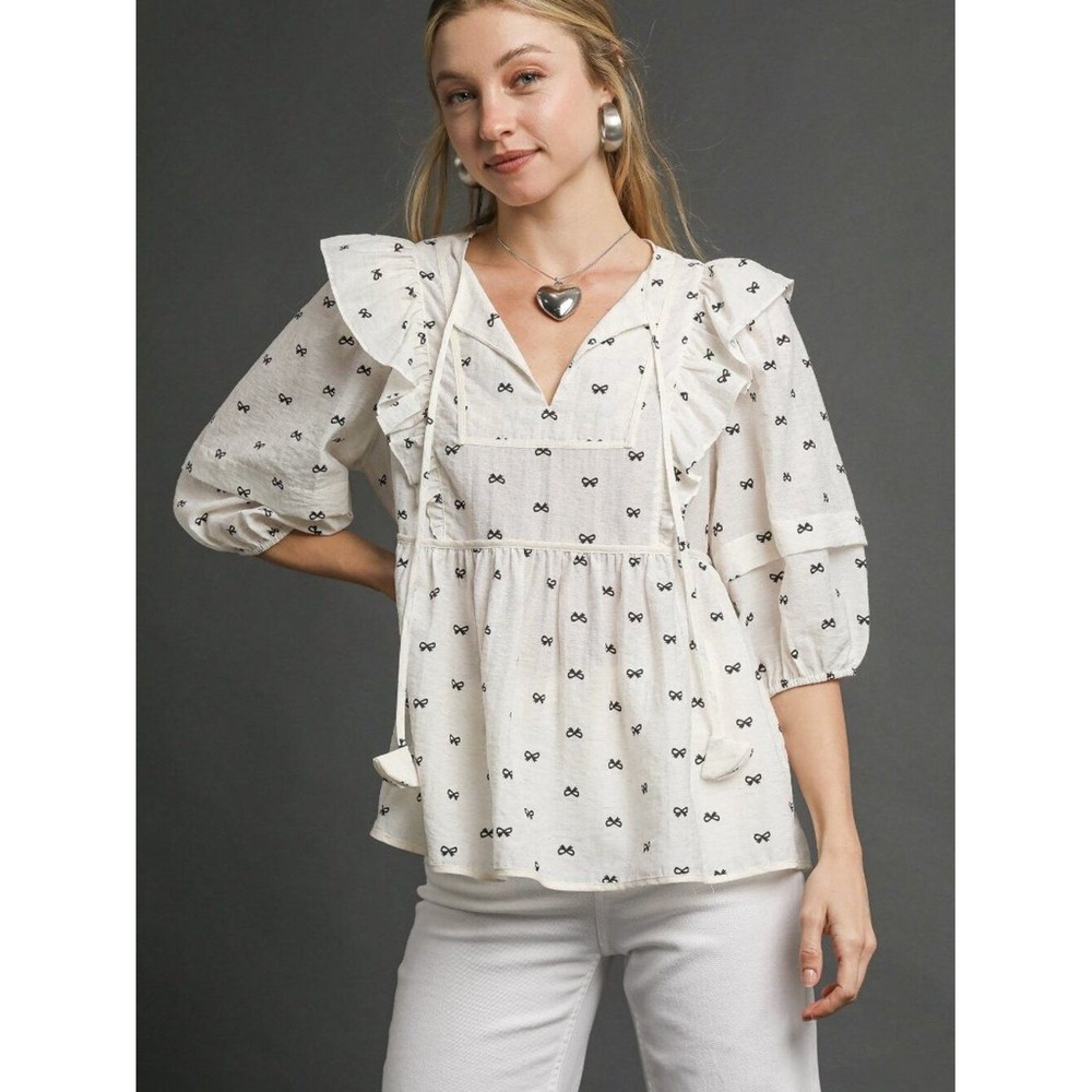 Umgee Women's Boho Bow Print Babydoll Blouse Ruffle Tassel Tie Top Sz XL